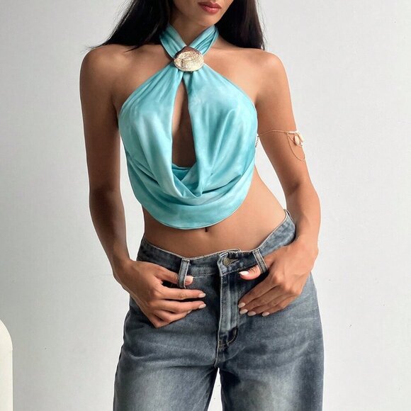 Multicolor Casual Women's Criss-Cross Wrap Tie-Dye Print Backless Cami Top - Picture 6 of 7